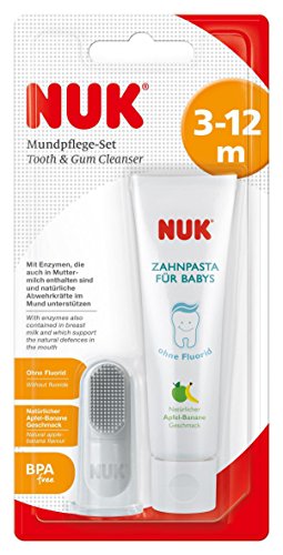 NUK Mundpflege-Set mit Baby-Zahnpasta und natürlichem Apfel-Banane Geschmack, incl. Fingerzahnbürste, BPA frei, ohne Fluorid, 1 Stück