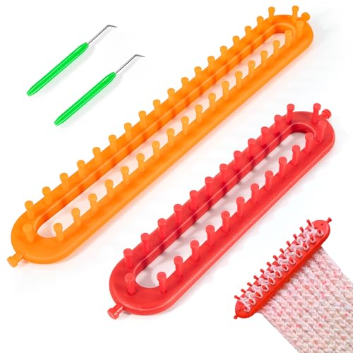 Berdakon Strickwebstuhl, Schal Strickgerät Long Knitting Loom Set Mit Strick Und Häkelnadeln Für Schal Handschuhe Socken Kinder Erwachsene Anfänger Geschenk Für Strickliebhaber Rot Gelb 2 Set