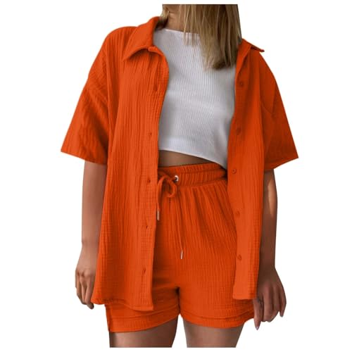 Summer Zweiteiler Damen Musselin Bluse Set, Elegant Leinen Bluse Hemd Und Shorts Einfarbig Lounge Set Strand Y2k Clothes Baumwolle Sportanzug Oversize Freizeitanzug Kurzarm Hausanzug Outfits A