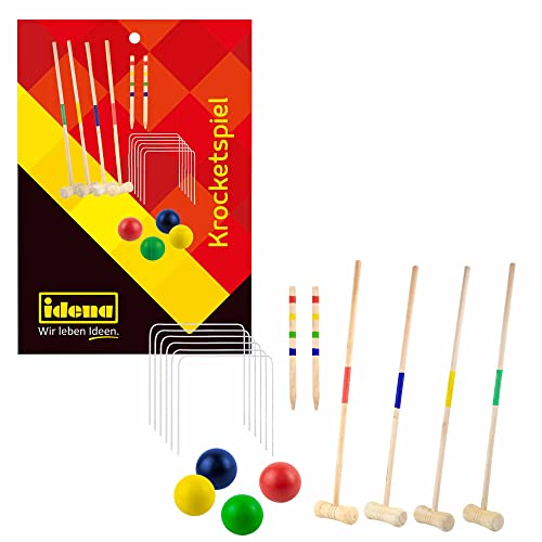 Idena 40609 - Krocket Spiel für Kinder, Croquet mit Schlägern, Bällen und Zielmarkierungsstäben aus Holz sowie Metalltore, inkl. Tragenetz