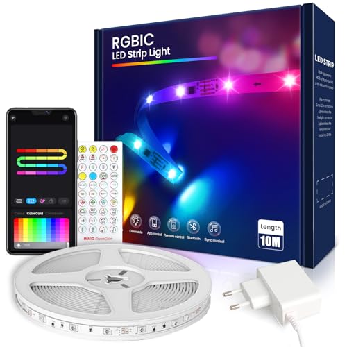 VKH LED Strip 10m, RGB-IC LED Streifen mit App, Segmentcontrol, Farbwechsel, Musik Sync, LED Lichterkette für Party, Zuhause, Schlafzimmer, Gaming, Küche Deko