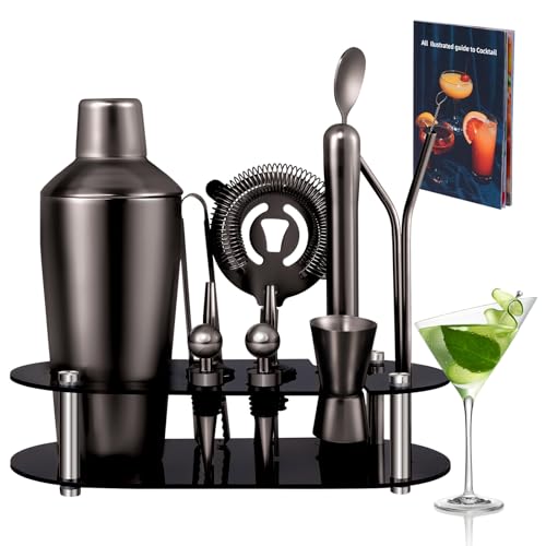 Zanfqvo 700ml Cocktail Shaker, 14-teiliges Cocktail Set mit Ständer & Cocktail Zubehör, Barkeeper Set für Anfänger und Profis, Coctail Mix Set Männer (Schwarz)