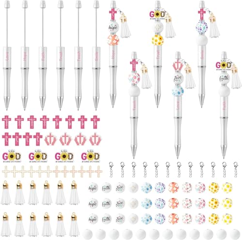 EGuangwiua 175Stück Religiös Inspirational Kugelschreiber Kugelschreiber Satz für Kinder Hoffnung Glaube Liebe Holz Perle Kreuz Anhänger Kristall Abstandshalter Perle Sonntag Schule Zubehör