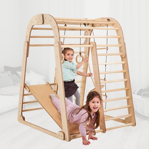 Indoor-Spielplatz Jungle Gym Spielset für Kinder 6in1 – Rutsche, Kletterwand, Seilwandkletterer, Klettergerüst, Schaukel – Kletterset aus Holz im Montessori-Stil, Indoor-Spielplatz-Kletterspielzeug