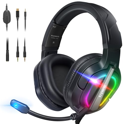 Krysenix PG2 RGB Gaming Headset für PS4/PC/Xbox/Nintendo Switch, PS5 Headset mit Mikrofon, Gaming Kopfhörer mit Mikrofon, Noise Cancelling Kopfhörer mit 3.5mm Klinke Schwarz