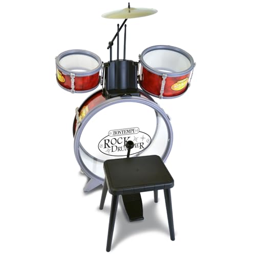 Bontempi 51 4504 Schlagzeug: Baßtrommel Ø 385 mm mit Pedal. 2 kleine Trommeln Ø 170 Becken Ø 210 mm. 2 Schlagstöcken. Echte Sounds. Inkl. Hocker. Maße: 500x500x680 mm, Mehrfarbig