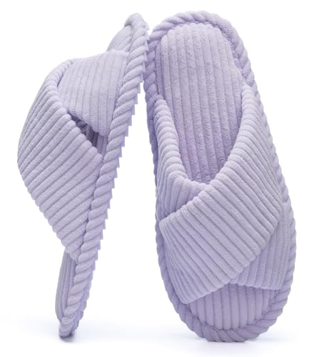 GOEWY Damen Hausschuhe mit Memory Foam Kordstoff-Wohnschuhe fürs Schlafzimmer, offener Zehen, Querriemen-Schleife, rutschfeste Sohle. Bequeme Trend-Slide als stylisches Geschenk.