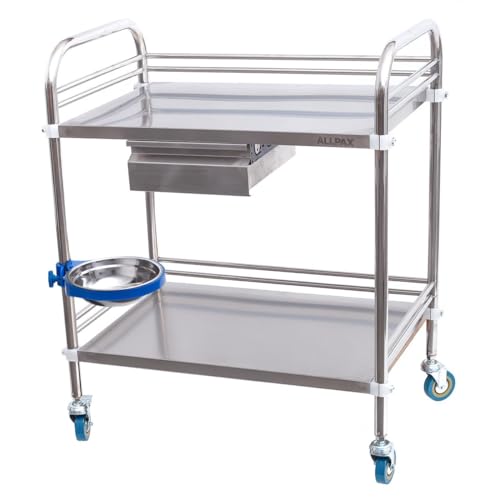 Allpax Behandlungswagen aus Edelstahl mit 2 Ablagen, Einer Schublade und einem drehbaren Mülleimer, 660 x 440 x 860 mm, 60 kg Tragfähigkeit - Materialwagen, Medizinwagen, Küchenwagen
