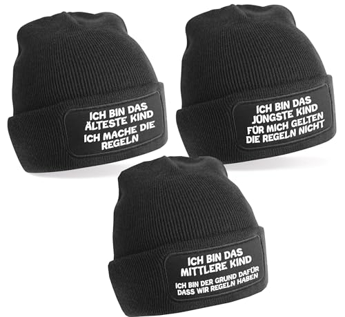 Generisch 3er Set Schwarze One Size Beanie, Mütze mit Spruch: Das Jüngste, Das Mittlere, Das Älteste Kind - Regeln der Familie