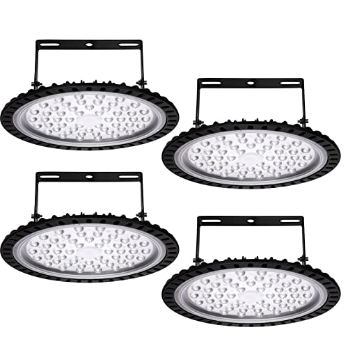 4 Stück UFO Industrielampe, 200W Hallenstrahler, 6500K Kaltweiß High Bay Licht, IP67 Wasserdicht Werkstattlampe, LED Strahler für Fabrikhallen, Hallenstadion, Werkstätten
