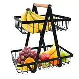 ANNTIM 2 Stockig Obstkorb Etagere, Obstschale Etagere mit Holzgriff, Obst Etagere 2 Stöckig, Metall Schwarz Obstschalen mit Griff für Obst, Gemüse, Snacks zu Hause, Küche, Büro, mit Schraubendreher