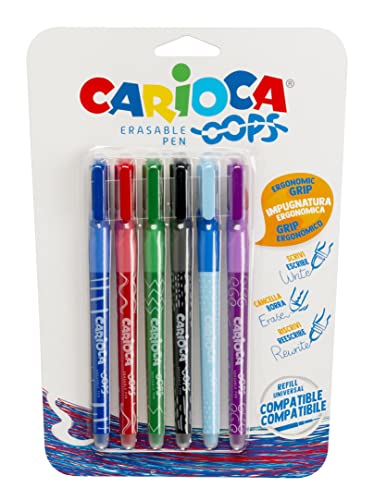 CARIOCA Oops | Radierbarer Kugelschreiber, Wiederauffüllbares Stifte-Set für Schule und Büro mit Radiergummi und Ergonomischem Griff, Blaue Stifte, 6 Teile