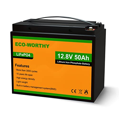 ECO-WORTHY 12V 50Ah LiFePO4 Akku Lithiumbatterie wiederaufladbar mit 3000-15000 Zyklen und BMS-Schutz für Wohnmobile, Boote, Solaranlagen, Windanlagen, industrielle Anwendungen & Rollstuhl