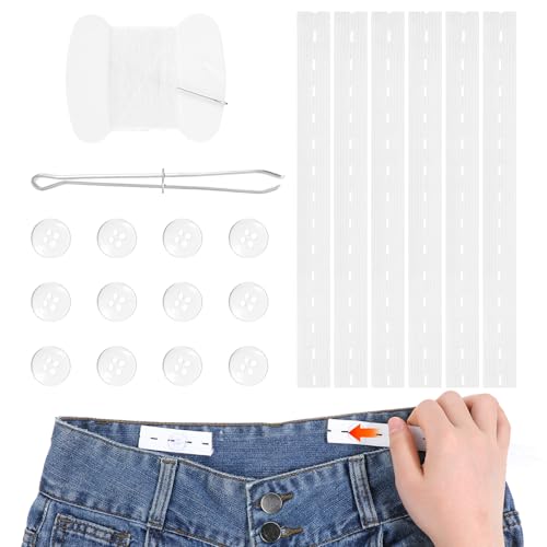 TIESOME Hosen-Taillenspanner, 6 PCS elastische verstellbare Bundverlängerer mit 12 Knöpfen Nadeln und Faden Gürtel Einfädeln Werkzeug weiß Polyester Legierung Kinder Taille Versteller für Frauen Männe