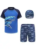 Kaerm Kinder Junge Badeanzug Bademode Dreiteiler Kurzarm UV-Schutz Bade Set Motiv Rash Guard Shirt Stretch Badeshorts mit Badekappe Beachwear Shark Print 140-146