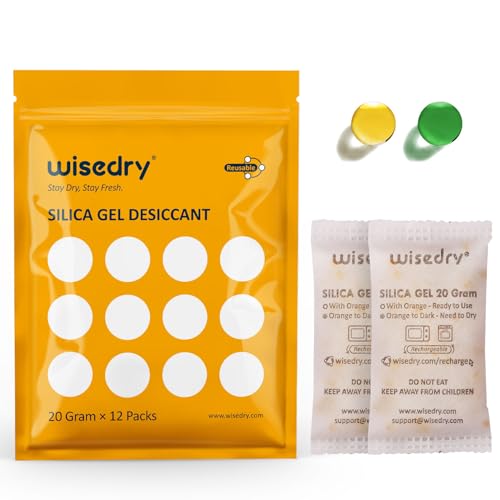 wisedry 20 g [12 Packungen] Wiederaufladbare Kieselgel-Trockenmittel-Packungen, Trockenmittelbeutel, Orange bis Grün, Anzeige für Lufttrockner, Lebensmittelqualität