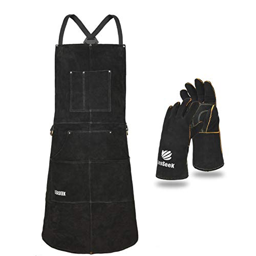 LeaSeek Schweißerschürze aus Leder,Hitzebeständige & Flammhemmende Schwere Arbeitsschürze mit 6 Taschen, 42" Extra Groß & Langer Riemen, Grill schürze Schwarz