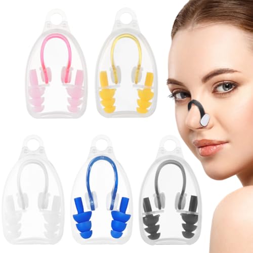 IOURVYA 5 Paar Nasenklammer Ohrstöpsel Set Schwimmen Nasenclip Soft Silikon Swim Training Nasenschutz Gehörschutzstöpsel Wiederverwendbarer Nose Clip Nasen Klipp mit Aufbewahrungs Box Erwachsen Kinder