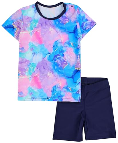 Aquarti Baby Mädchen Zweiteiler Kinder Badeanzug Bade-Set Bade T-Shirt Badehose UV-Schutz, Farbe: Tie Dye Blau Lila Rosa, Größe: 92