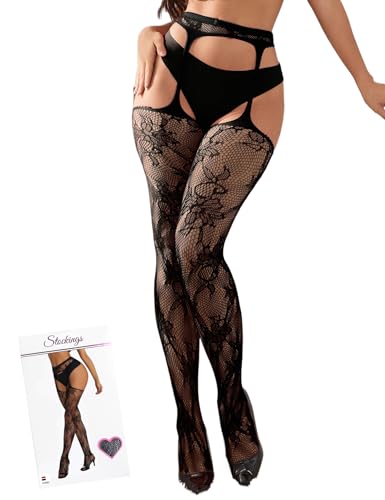 comeondear Schwarze Strumpfhose Damen mit Muster Große Größen Sexy Strapsstrümpfe Ouvert Spitze Fishnet Stockings Strapsen Dessous Set mit Strümpfen Erotische Unterwäsche Mollige Frau(Schwarz,XS-M)