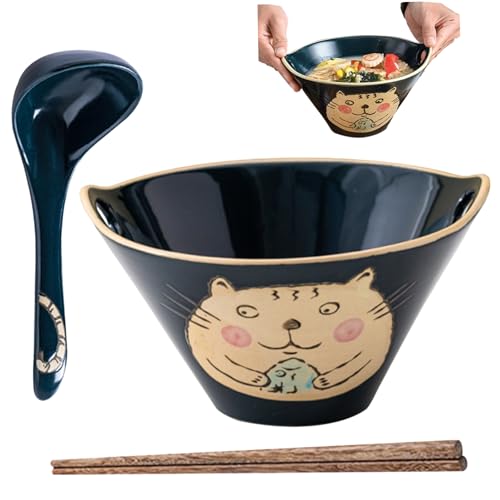 BEAHING Ramen Bowl Set, 27 Unzen Nudelschale mit Essstäbchen ＆ Löffel, 8 '' Keramikschale Japanische Katzenmuster -Suppenschalen mit Essstäbchenhalter und Mikrowelle Safe, Nudelschale