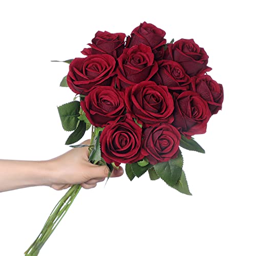 huaao 12 Stück Künstliche Rosen Seide Blumen, Hochzeitsarrangements Seidenrosen Single Stem Realistic Fake Rose Bouquet für Brautstrauss Hochzeitssträuße Dekoration, Weinrot