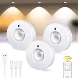 Unterbauleuchte Küche LED Schrankbeleuchtung USB Aufladbar Vitrinenbeleuchtung mit Touch und Fernbedienung, LED Spot Akku Mini Kabellos Dimmbar mit 3 Farbtemperaturen Timer Magnetisch Rund, 3 Pack