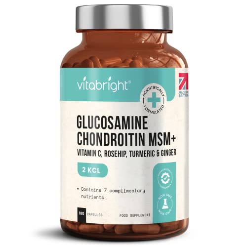 Glucosamin Chondroitin Hochdosiert 2127mg,180 Glucosamin Kapseln, Glucosamin Chondroitin MSM Kurkuma Ingwer Hagebutte, Gelenkkapseln Hochdosiert, Glucosamin Pulver Kapseln, VitaBright Glucosamin