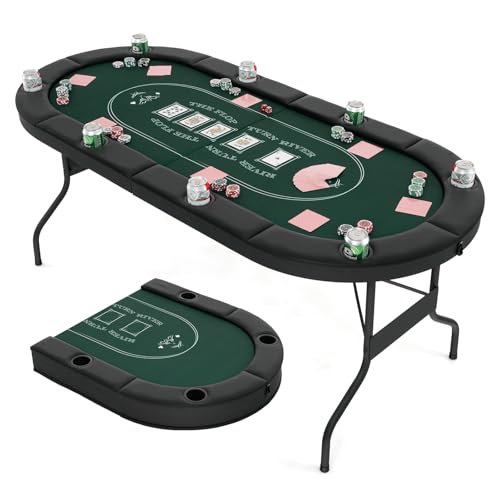 DREAMADE Faltbarer Pokertisch für 8 Spieler, Poker Table Spieltisch mit Getränkehalter, Poker Tisch Roulette Tisch mit Metall-Rahmen 182 x 82 x 75 cm