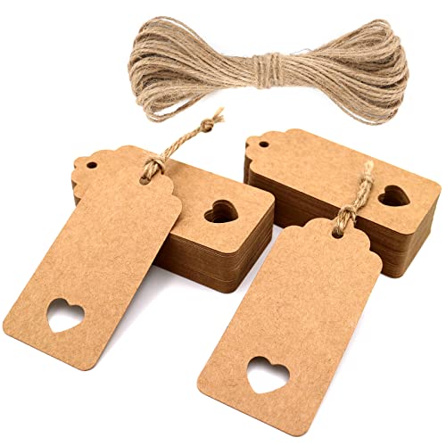 jijAcraft Kraftpapier Anhänger 50 Stück Geschenk Anhänger Papieranhänger 4.5 CM * 9.5 CM Anhängeetiketten mit Jute-Schnur 10 Meter (Braun)