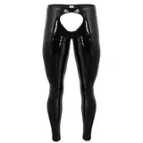 HULIJA Herren Wetlook Leggings Ouvert Lackleder Hose Offnen Schritt Lack-Optik Enge Hosen Strumpfhose Tights Panties Unterwäsche A Schwarz 3XL