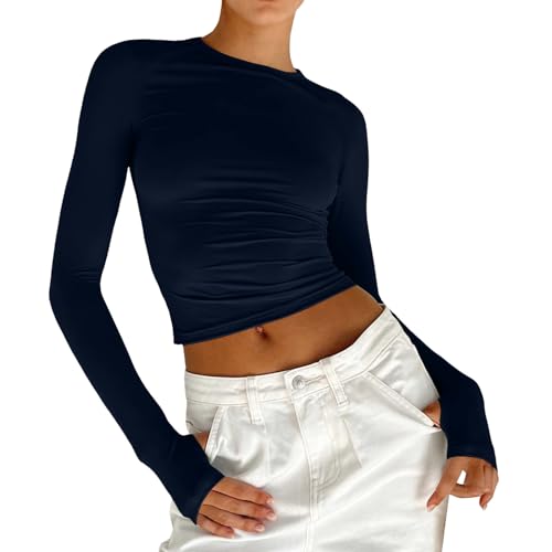 Damen Slim Tops Langarm Rundhals Crop Top T-Shirt Basic Solid Tight Slim Fit Cropped Shirt Workout Yoga Laufbekleidung Damen (Dark Blue, XS)