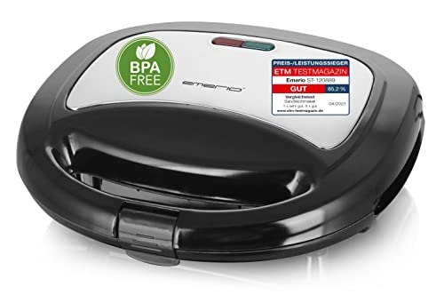 Emerio Doppel Sandwich Maker, BPA frei, klassische Form für dreieckiges Sandwich, leicht zu reinigen, Antihaftbeschichtung, heizt schnell auf, 750 Watt