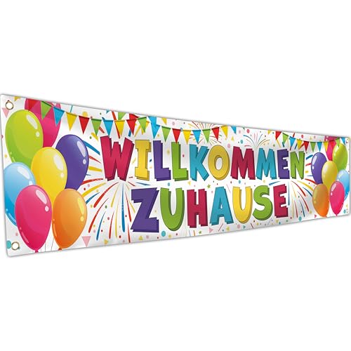 Willkommen Zuhause Banner 180 x 40 cm – Herzlich Willkommen Girlande – Willkommen Zurück Deko – Lebendiger Digitaldruck – 110 Den Polyester – Doppelnaht (Weiß)