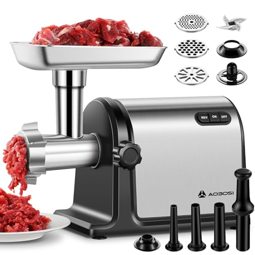 Fleischwolf AOBOSI 3-In-1 Fleischwolf Elektrisch Mit 3 Edelstahl-Schleifplatten,1 Kubbe & 3 Wurstfüllrohren, [3000w Max |Size #10 ] Für Fleisch, Fleischwurst. Fleischwolf Edelstahl Mit Klingen.