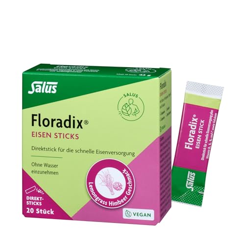 Floradix Sticks – Direktsticks für die schnelle Eisenversorgung – 1x 20 Satchets (43 g) – mit Eisen, B-Vitaminen, Vitamin C und Folsäure – Lemongrass Himbeer Geschmack - vegan