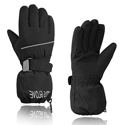 Durio Kinder Ski Handschuhe Winter Skihandschuhe Winddicht Wasserdicht Warm Handschuhe Junge Mädchen Outdoor Sports Schneehandschuhe Schwarz 12-14 Jahre