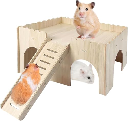 Groß Meerschweinchen Haus, Hamster Eckhaus - Holz Hamsterhaus, Meerschweinchen Haus mit Leiter, 2 Etagen Hamster Versteck, Hamster Haus Holz für Kleine Haustiere Zwerghamster 38 x 25 x 18 cm