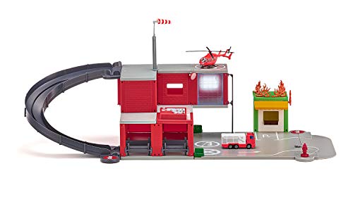 siku 5508, Feuerwache, Rot, Kunststoff, Mit Licht- und Soundeffekten, Inkl. Feuerwehrauto, Hubschrauber, Nebengebäude und Aufkleber-Set