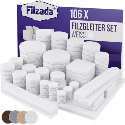 Filzada® Filzgleiter Selbstklebend Set 106 Stück (Eckig und Rund) - Weiß - Profi Möbelgleiter Filz Mit Idealer Klebkraft