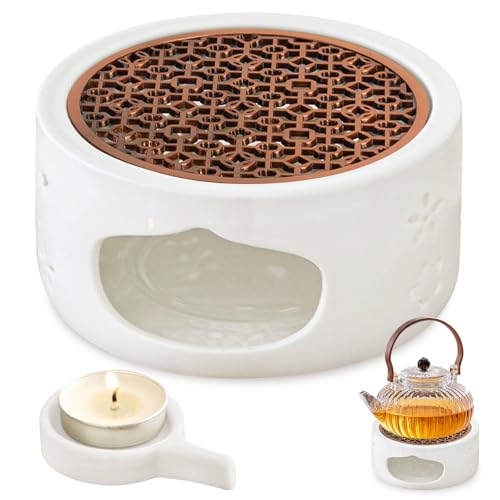 Stövchen für Teekanne, Teewärmer aus Keramik mit Teelichthalter und Herdmatte, Teekannenwärmer Teestövchen für die Wärmeerhaltung von Tee und Kaffee
