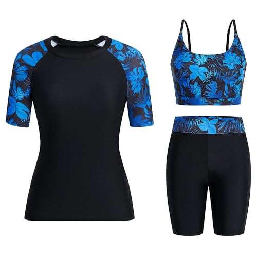 Owntop Damen 3-teiliger Rash Guard | UPF50+ UV Shirt | Kurzarm Rashguard-Shirts & Bikini Top & Hochtaillierte Boyshorts | Schnelltrocknend Badebekleidung Badeanzüge | Schwimmen Surfen | Tiefblau M