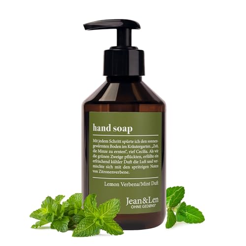 Jean & Len Handseife Lemonverbena & Mint, reinigt beanspruchte Hände, für die tägliche Anwendung geeignet, Flüssigseife im Pumpspender, zitrischer Duft, vegan, 250 ml