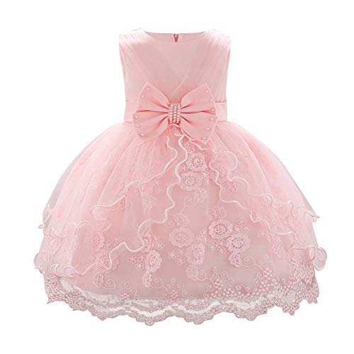 Kleinkinder Baby Mädchen Kleid, Prinzessin Tütü Partykleid Elegant Spitze Blumen Tüll Abendkleid Hochzeit Brautjungfer Festliches Festkleid Schleife Geburtstag Taufkleid Ballkleid Rosa 12-18 Monate