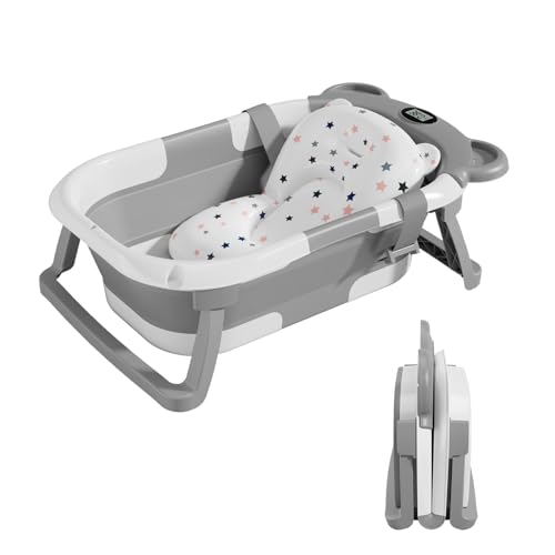 Faltbare Babybadewanne Mit Badekissen Und Integriertem Thermometer - Kinderbadewanne Mit Kostenlosem Badewannenhalter - Ideal Als Geburtsgeschenk Für Mädchen Oder Jungen - Von Geburt An Baby-Badewanne