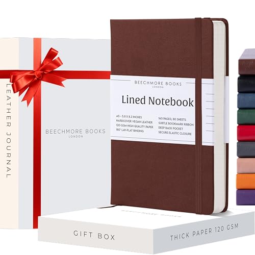 Beechmore Books Notizbuch liniert - A5, Braun I Premium Hardcover Journal Buch aus veganem Leder, 120gsm creme Papier, inkl Geschenkbox, für Schriftsteller, Journalisten, Meetings & Studenten