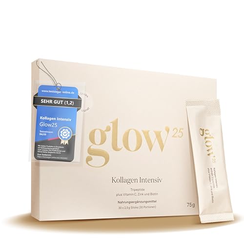 Glow25® Kollagen Intensiv [30 Sticks] – mit Tripeptiden, Vitamin C, Zink und Biotin – Premium Collagen Hydrolysat – Peptide Typ 1 und 3 – Gute Löslichkeit