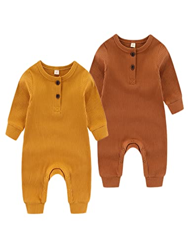 Chamie Baby Romper Newborn Knitted Jumpsuit Long Sleeve Baby Boys Girls Footless One-Piece Suit 0-24 Months,2 Pcs,Brown,Yellow