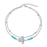 Flyow Turtle Anklets for Women 925 Sterling Silver Multilayer Charm Beads Sea Handmade Boho Anklet Adjustable Layered Satellite Beads Anklet for Women Girls