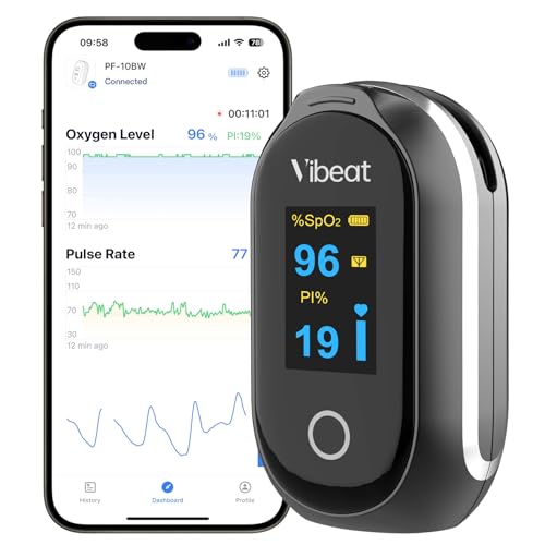 Vibeat Schlaf Bluetooth Pulsoximeter mit Dauermodus, Wiederaufladbares Sauerstoffsättigungs messgerät für Finger mit 80 Stunden Datenaufzeichnung, Blutsauerstoffmessgerät Finger mit Auto Datensynchron